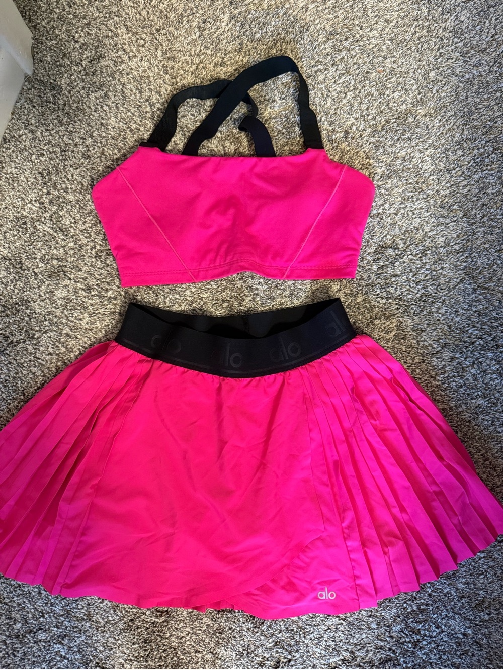 ALO Yoga Hot Pink Pleated Skater Skirt with Black Elastic Waistband